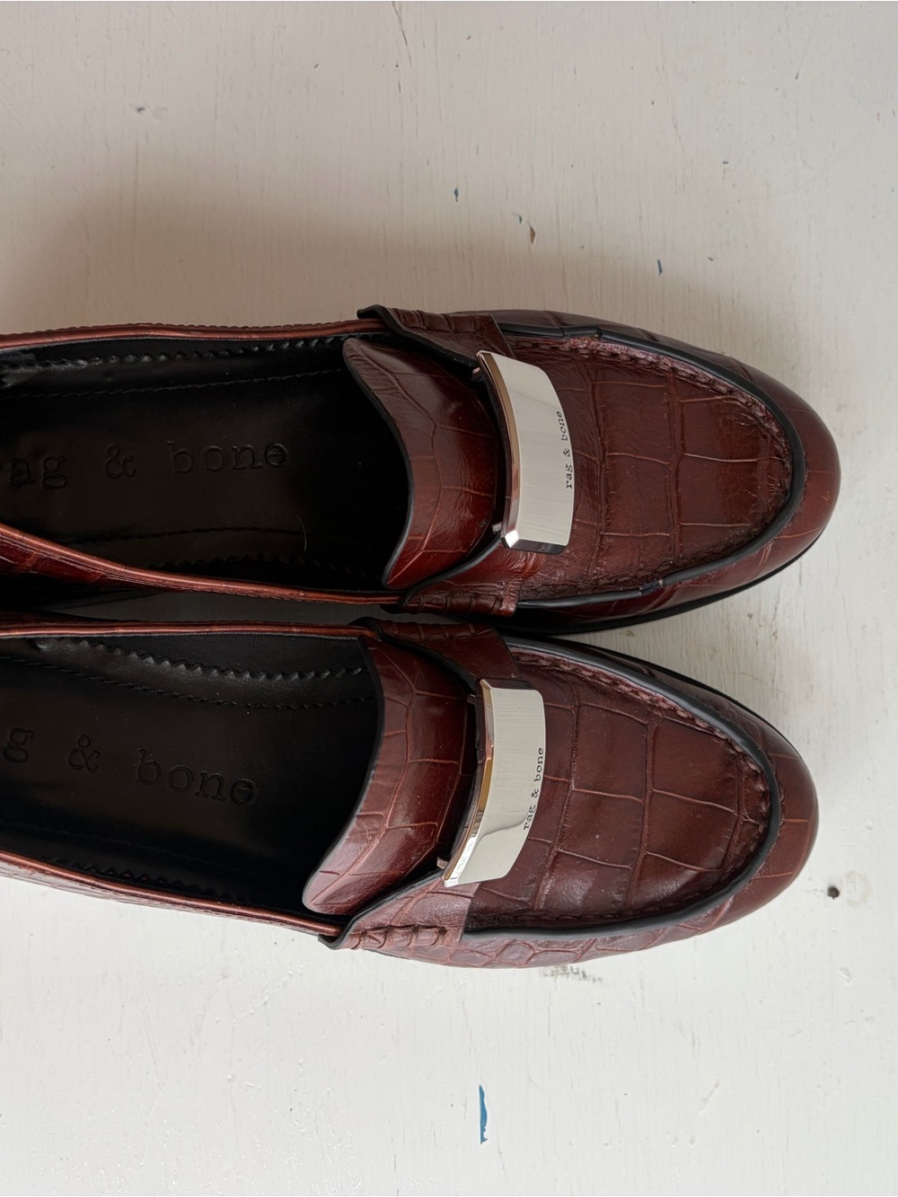 rag & bone Brown Croc-Embossed Leather Loafers – Silver Logo Hardware - Picture 4 of 11